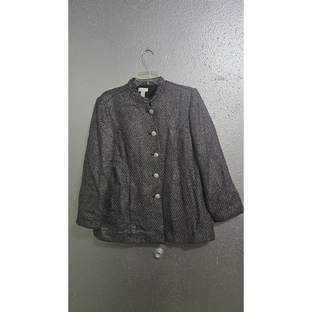 Chicos Metallic Tweed Jacket Purple Silver Button Front Mock Neck Size 2 Large